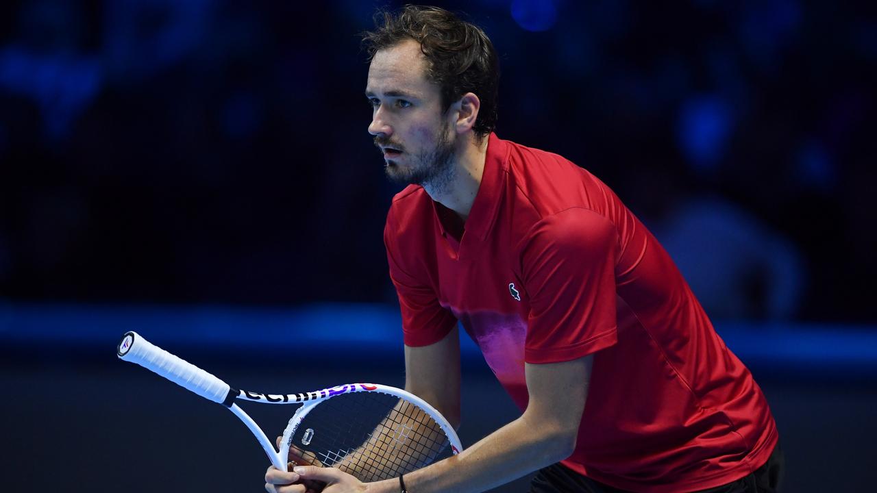 Daniil Medvedev reacts against Taylor Fritz of United States in the Men's Singles Group Stage match during day one of the Nitto ATP finals 2024 at Inalpi Arena on November 10, 2024 in Turin, Italy. (Photo by Valerio Pennicino/Getty Images)