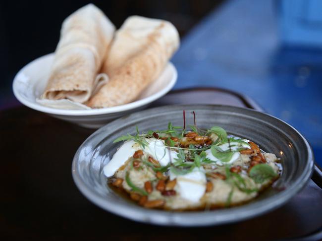 Baba Ghanoush with pine nuts, sheep's milk yoghurt and flatbread ($12). Picture: Carly Earl