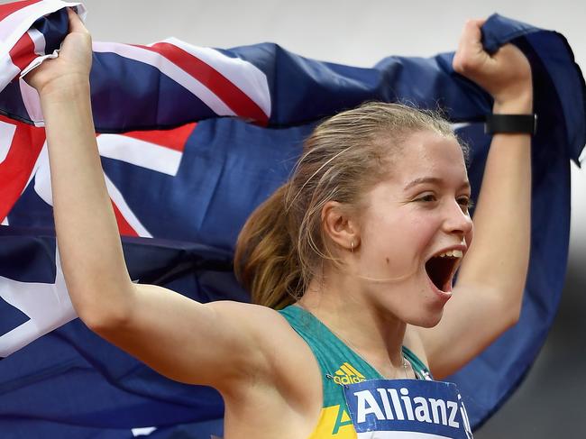 LONDON, ENGLAND - JULY 19:  Isis Holt of Australia celebrates winning the gold medal in the Women's 100m T35 Final and breaks the world record during Day Six of the IPC World ParaAthletics Championships 2017 London at London Stadium on July 19, 2017 in London, England.  (Photo by Mike Hewitt/Getty Images)