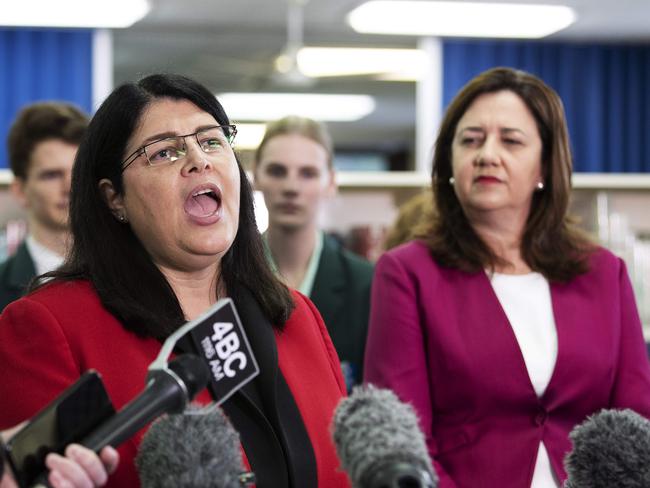 Education Minister Grace Grace addressing media. Premier Annastacia Palaszczuk and Education Minister Grace make an announcement about air conditioning in Queensland state schools. Craigslea State High School, Hamilton Rd, Chermside, Brisbane, 27th of February 2020. (AAP Image/Attila Csaszar)