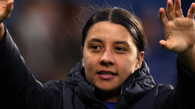 LONDON, ENGLAND - NOVEMBER 18: Sam Kerr of Chelsea reacts following the team's victory during the Barclays Women's Super League match between Chelsea FC  and Liverpool FC at Stamford Bridge on November 18, 2023 in London, England. (Photo by Richard Heathcote/Getty Images)