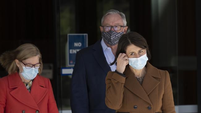 Gladys Berejiklian, Brad Hazzard and Dr. Kerry Chant arrive for a COVID-19 update on June 27. Picture: Getty