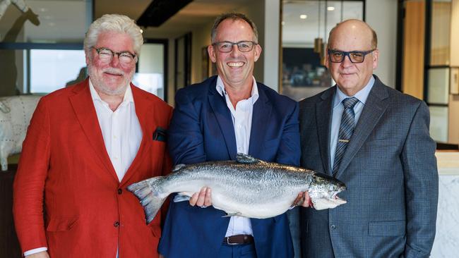 Investment banker David Williams, left, with Tassal CEO Mark Ryan and Cooke Aquaculture chief executive Glenn Cooke, right. Picture: Aaron Francis