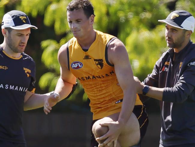 MELBOURNE , AUSTRALIA.February 15 , 2024.  AFL. Hawthorn Intraclub practise match at Waverley  Park.   James Blanck of the Hawks  is helped club staff after appearing to hurt his left knee during the clubs intra club hit out  . Pic: Michael Klein