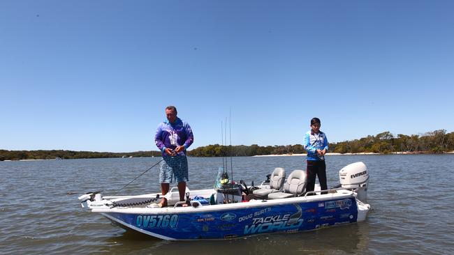 Fishing Stalwart Doug Burt with son Liam competing at the 2015 Gold Coast Flathead Classic. Picture: Nicholas McELroy.