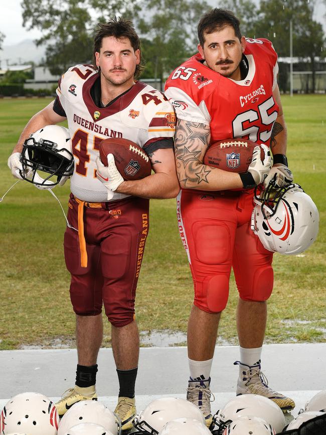 Townsville Cyclones players Ryan Worsley and Leon Suckling ahead of the 2024 Regional Queensland American Football season Picture: Shae Beplate.