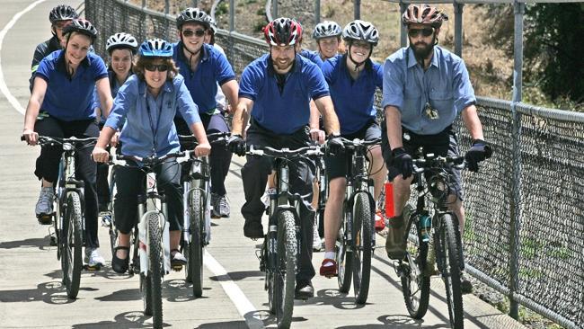  Hobart Inter-City Cycleway, users Department of Health and Human Services (DHHS) bicycle group members cycling on the bike t...