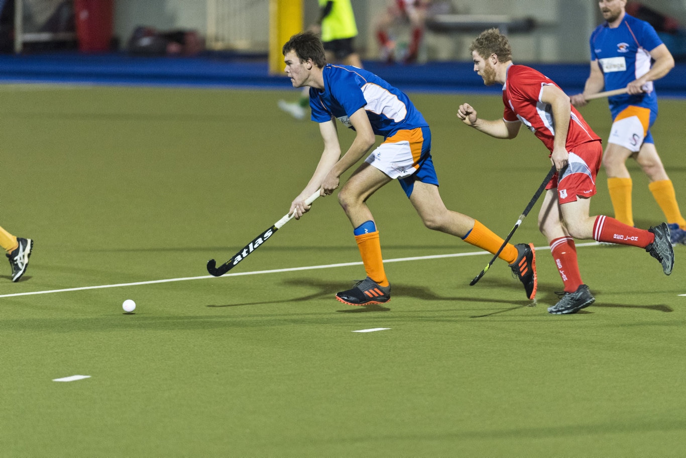 Mason Pammenter (left) of Newtown and Corey Guse of Red Lion against Newtown in Toowoomba Hockey COVID Cup men round four at Clyde Park, Friday, July 31, 2020. Picture: Kevin Farmer