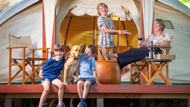 Daylesford Holiday Park owner Jodie Jagoe with Joey, Tom, Jesse and Gypsy the yellow kelpie. Picture: Mark Stewart