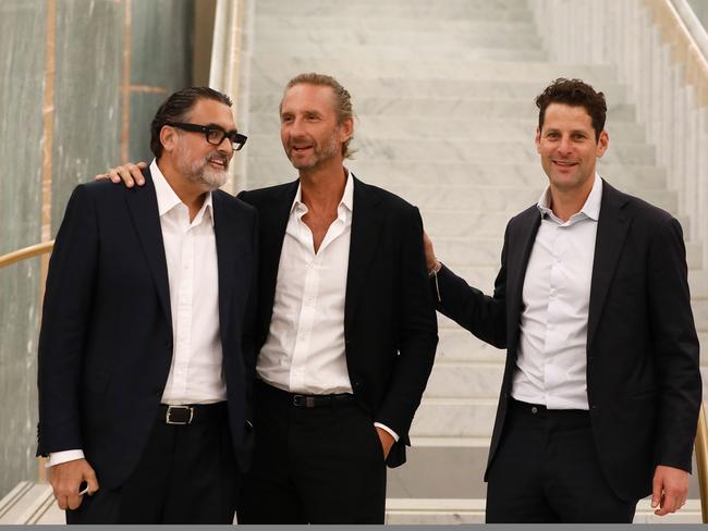 Justin Hemmes, centre, with James Symond and Dan Rosen at Parliament House. Picture: Jane Dempster / The Australian