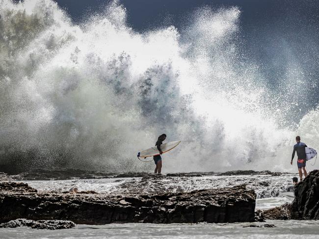 Wild surf at Snapper Rocks. Picture: Nigel Hallett