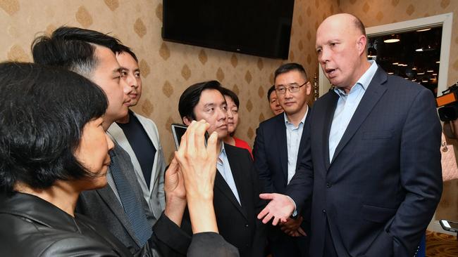 Home Affairs Minister Peter Dutton addresses Chinese language media during a press conference at the Golden Lane Chinese Restaurant in Brisbane on Friday. Picture: AAP