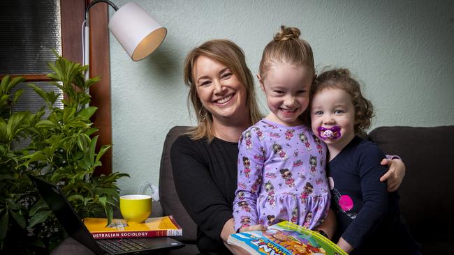 Guilford Young teacher Sarah Banks with her daughters Brydie Peckham 6 who goes to Lindisfarne North Primary and youngest daughter Addison Peckham, 2 (right). Picture: LUKE BOWDEN