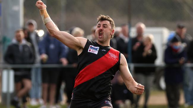 Dylan Tarczon celebrates a goal for Riddell. Picture: Hamish Blair