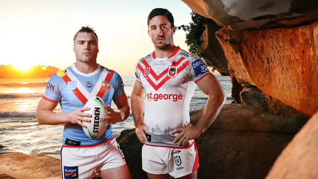 ** embargoed for Friday 23 April 2021 ** Pictured at Bondi Beach in Sydney ahead of the NRL's Anzac Round is Dragons player Ben Hunt and Sydney Roosters player Angus Crichton in their Anzac Round kits. Picture: Richard Dobson