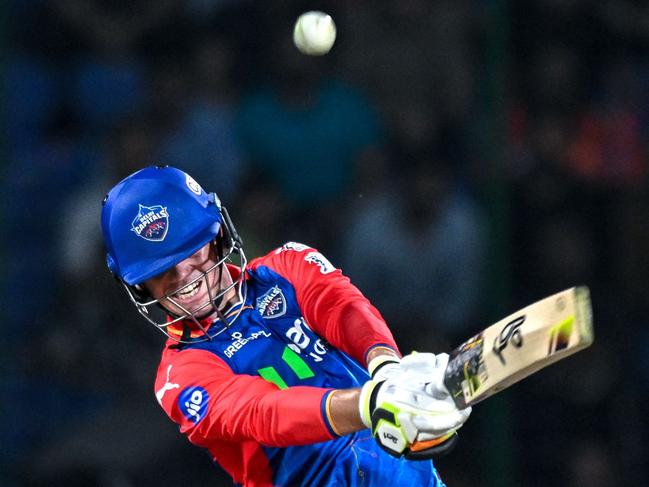 Delhi Capitals' Jake Fraser-McGurk plays a shot during the Indian Premier League (IPL) Twenty20 cricket match between Delhi Capitals and Sunrisers Hyderabad at the Arun Jaitley Stadium in New Delhi on April 20, 2024. (Photo by Money SHARMA / AFP) / -- IMAGE RESTRICTED TO EDITORIAL USE - STRICTLY NO COMMERCIAL USE --