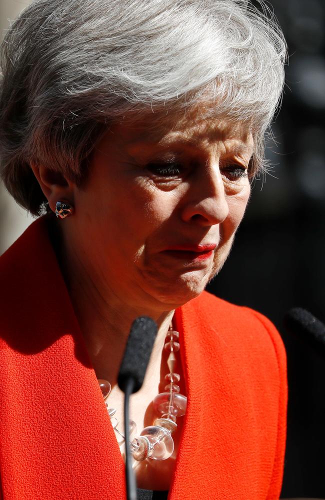 Britain's Prime Minister Theresa May reacts as she announces her resignation outside 10 Downing street in central London. Picture: AFP