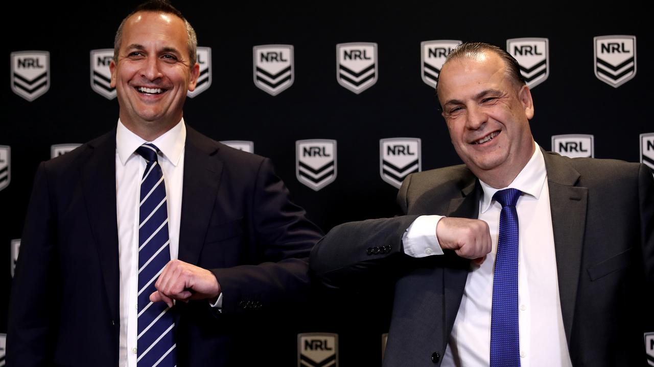 NRL CEO Andrew Abdo and ARL Chairman Peter V'landys are expected to finalise the deal with Nine on Monday. Picture: Phil Hillyard