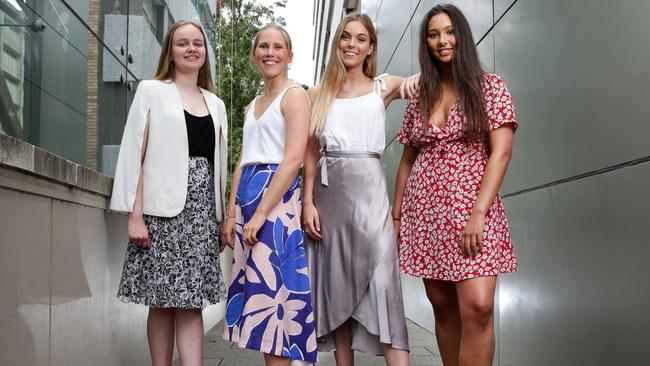 Pymble Ladies' College students from left Sofia Whitbourn, Phoebe Coles, Zoe Harrison and Emmerson Pearce who topped their courses in the 2018 HSC, after a ceremony at the UNSW Sydney. Picture: Jonathan Ng