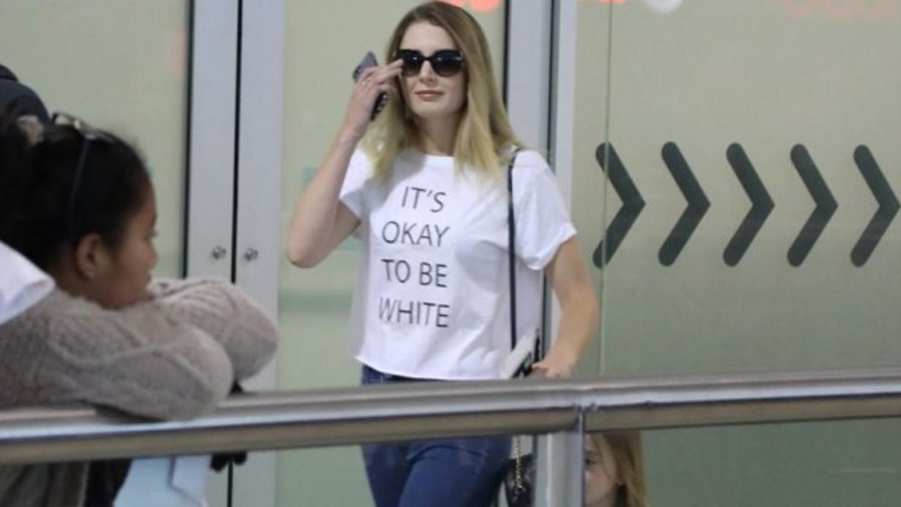 Lauren Southern touching down in Brisbane wearing her ‘It’s OK to be white’ T-shirt. Picture: Twitter