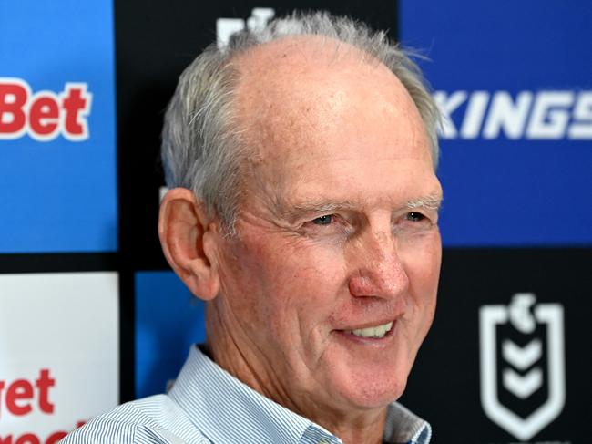 BRISBANE, AUSTRALIA - MARCH 11: Coach Wayne Bennett of the Dolphins gives a smile during the after match press conference after the round two NRL match between the Dolphins and the Canberra Raiders at Kayo Stadium on March 11, 2023 in Brisbane, Australia. (Photo by Bradley Kanaris/Getty Images)