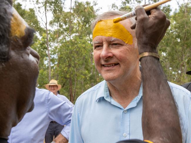 EAST ARNHEM, AUSTRALIA - JULY 29: Australian Prime Minister Anthony Albanese has his face painted during the Garma Festival at Gulkula on July 29, 2022 in East Arnhem, Australia.  The annual Garma festival is held at Gulkula, a significant ceremonial site for the Yolngu people of northeast Arnhem Land about 40km from Nhulunbuy on the Gove peninsula in East Arnhem. The festival is a celebration of Yolngu culture aimed at sharing culture and knowledge which also brings politicians and Indigenous leaders together to discuss issues facing Australia's Aboriginal and Torres Strait Islander people. This year is the first time the festival has been held since 2019 following a two-year absence due to the COVID-19 pandemic. (Photo by Tamati Smith/Getty Images)