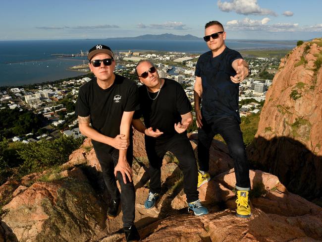 Suffa (Matthew Lambert), DJ Debris (Barry Francis) and Pressure (Daniel Smith) on Castle Hill. Picture: Evan Morgan