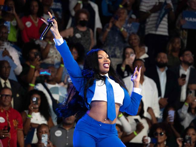 ATLANTA, GEORGIA - JULY 30: Megan Thee Stallion performs at a campaign event for Democratic presidential candidate, U.S. Vice President Kamala Harris at a campaign rally at the Georgia State Convocation Center on July 30, 2024 in Atlanta, Georgia. Both Harris and Republican presidential nominee, former President Donald Trump plan to campaign in Atlanta this week.   Megan Varner/Getty Images/AFP (Photo by Megan Varner / GETTY IMAGES NORTH AMERICA / Getty Images via AFP)