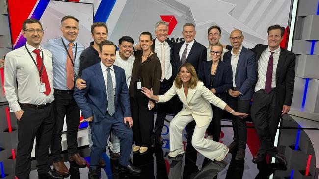 Ray Kuka, left, and Anthony De Ceglie on the far right with Channel 7’s 2025 election night team. Picture: Instagram