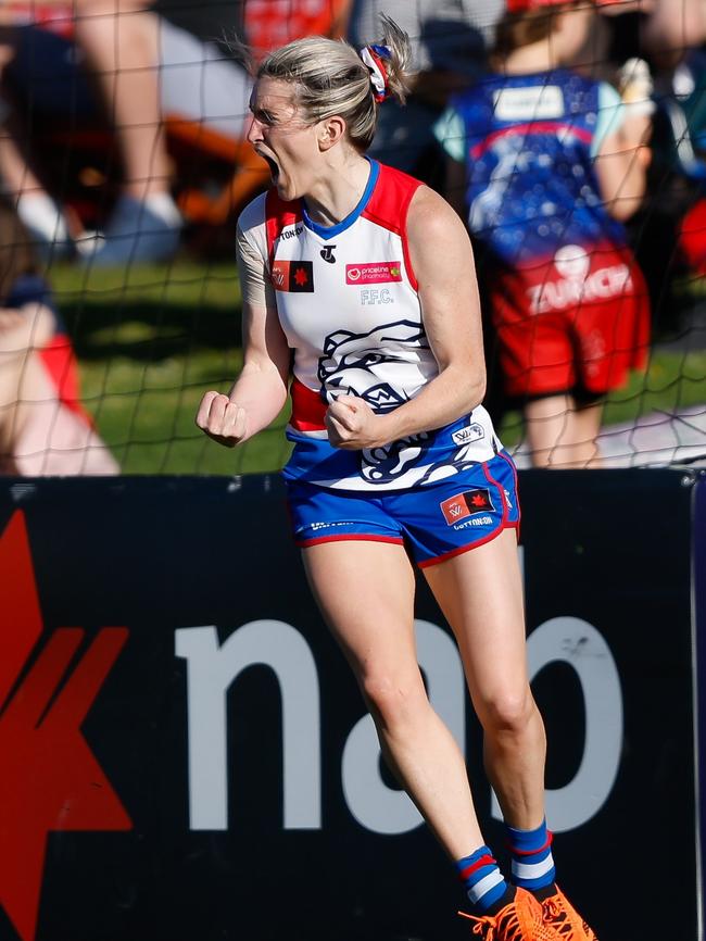 McLeod celebrates a goal for the Bulldogs during 2023 AFLW Round 3. Picture: Dylan Burns/AFL Photos via Getty Images