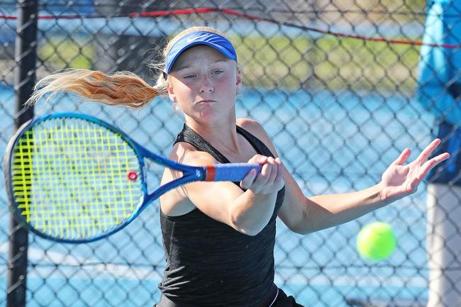 Action from the International Tennis Federation junior tournament at KDV on the Gold Coast. Picture: Tertius Pickard
