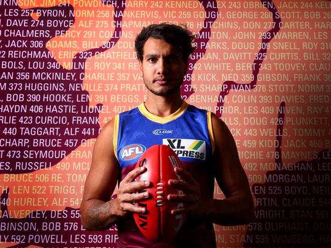 New recruit Callum Ah Chee and the Brisbane Lions hold their official AFL team photo media day. Pics Adam Head