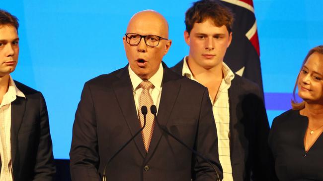 Peter Dutton and his family during the Coalition event held in Brisbane after Australians voted in the Federal Election on May 3. Picture: Tertius Pickard