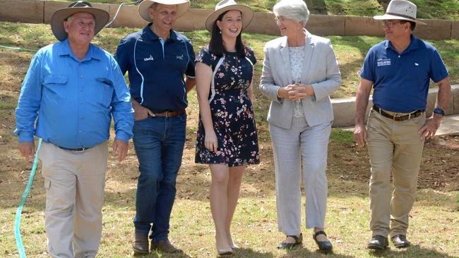 Cr Neil Fisher, Cr Tony Williams, MP Brittany Lauga, Rockhampton regional mayor Margaret Strelow and Cr Drew Wickerson at the Mt Archer amphitheatre. Picture: Jann Houley