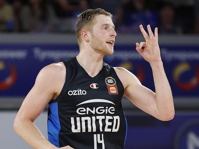 MELBOURNE, AUSTRALIA - OCTOBER 27: Jack White of United celebrates a three pointer during the round six NBL match between Melbourne United and Cairns Taipans at John Cain Arena, on October 27, 2024, in Melbourne, Australia. (Photo by Daniel Pockett/Getty Images)