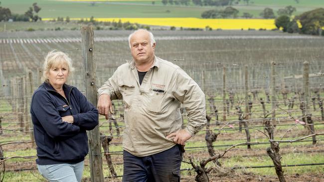 Landowner and farmer Claire Tuohey with Colbinabbin Estate Wine farm manager Colin Neate who's residence is within 150 metres from the proposed project site. Picture: Zoe Phillips