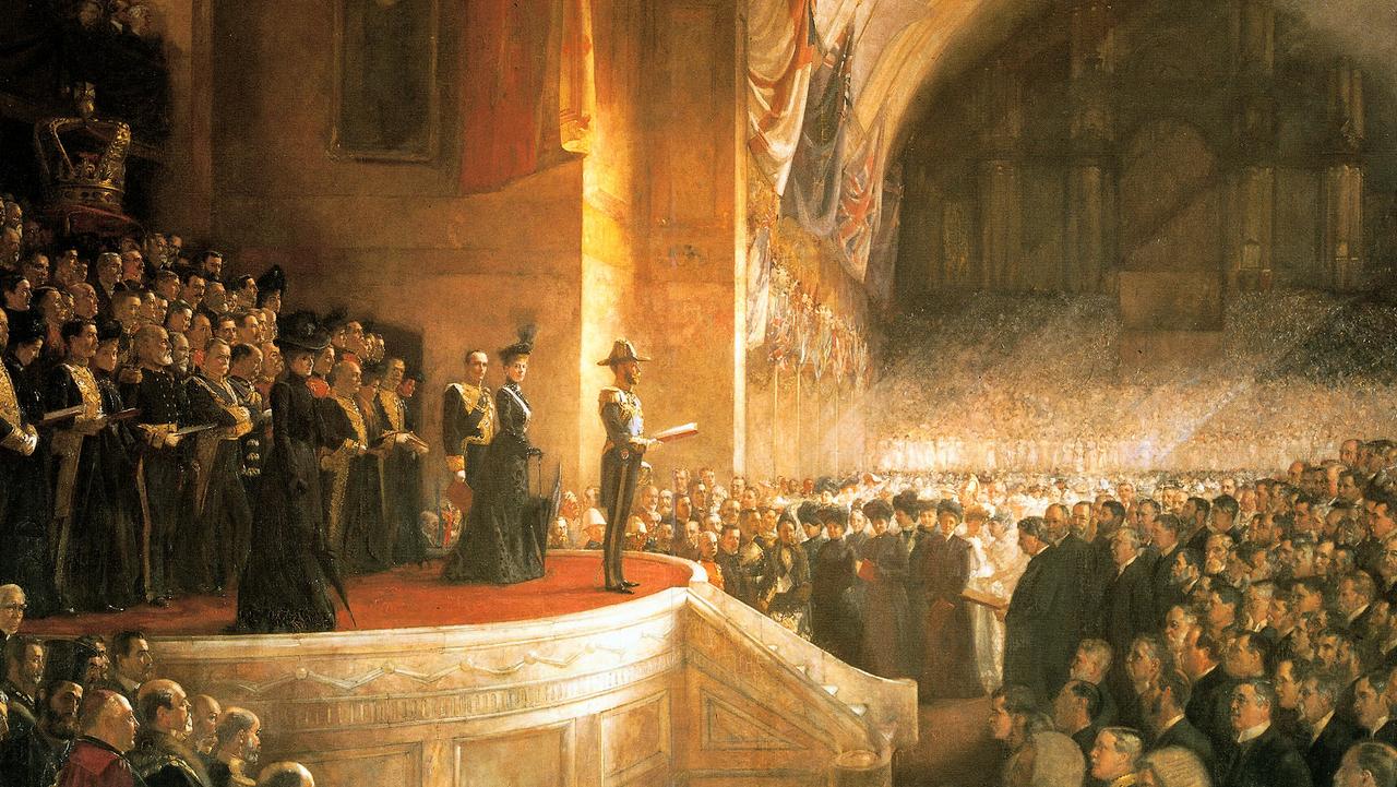 Tom Roberts’ famous painting “Opening of the First Federal Parliament of the Commonwealth of Australia by HRH The Duke of Cornwall and York, May 9, 1901”. The event was held in Melbourne’s grand Exhibition Buildings. Picture: Parliament House Art Collection/Bruce Moore