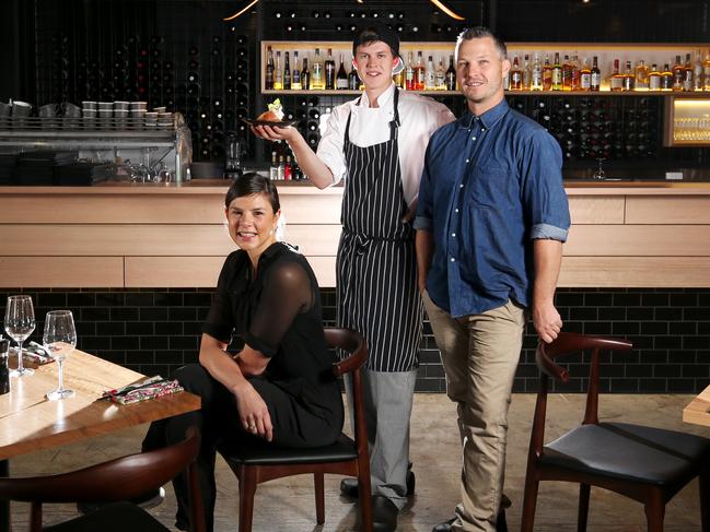 L-R Lucy Baker Manager, George Cox Head Chef, Josh Paull (Paull) Bar Manager. New Moonah restaurant St. Albi has opened. Picture Nikki Davis-Jones