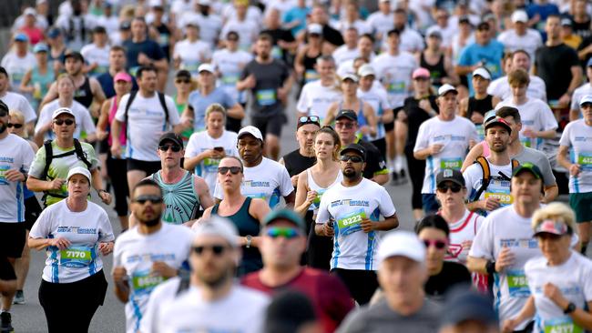 Runners and Walkers coming down the bridge for the Bridge 2 Brisbane fun run. Sunday August 28, 2022. Picture, John Gass