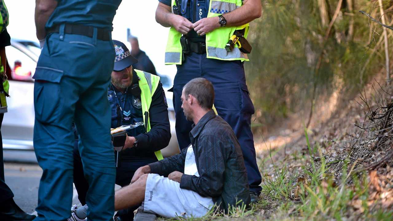 Dwayne Edward Merz, 32, is spoken to by police after crashing on Maroochydore Rd last year. He registered a blood alcohol level of 0.277. Picture: Che Chapman