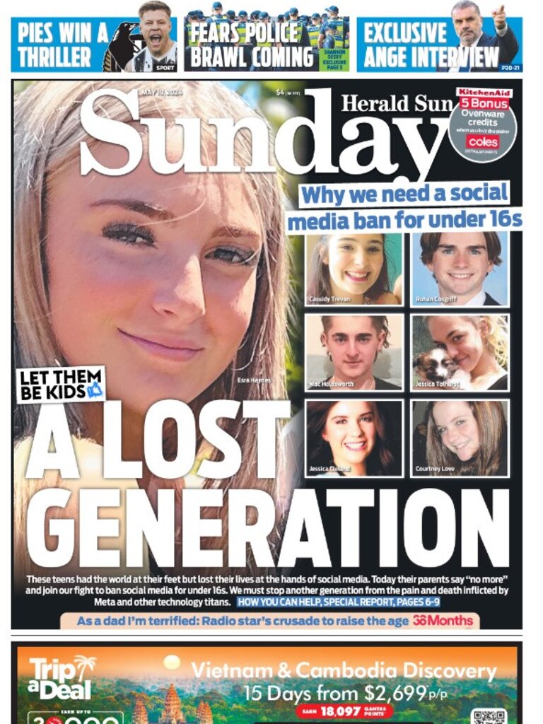 The first front page story of the Herald Sun’s “Let Them Be Kids” campaign.