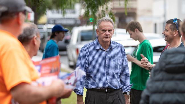 One Nation MP Mark Latham on the hustings in Camden as voters pre-polled for last weekend’s NSW election. Picture: Julian Andrews