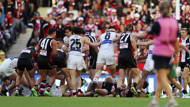 A melee broke out during the St Kilda-Carlton clash as tempers flared. Picture: Michael Klein