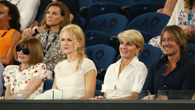 Anna Wintour, far left, watches the women’s semi final between Petra Kvitova and Danielle Collins with Nicole Kidman, her husband Keith Urban and Julie Bishop. Picture: Michael Klein