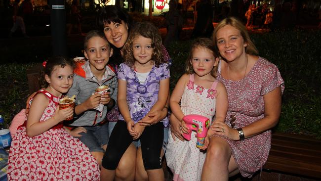 New Year’s Eve on the Sunshine Coast at Mooloolaba. Georgia Smythe (3), Declan Smythe (7), Selina Erbacher, Phoebe Erbacher (7), Claudia Kentera (5) and Karen Kentera. Picture: Cade Mooney