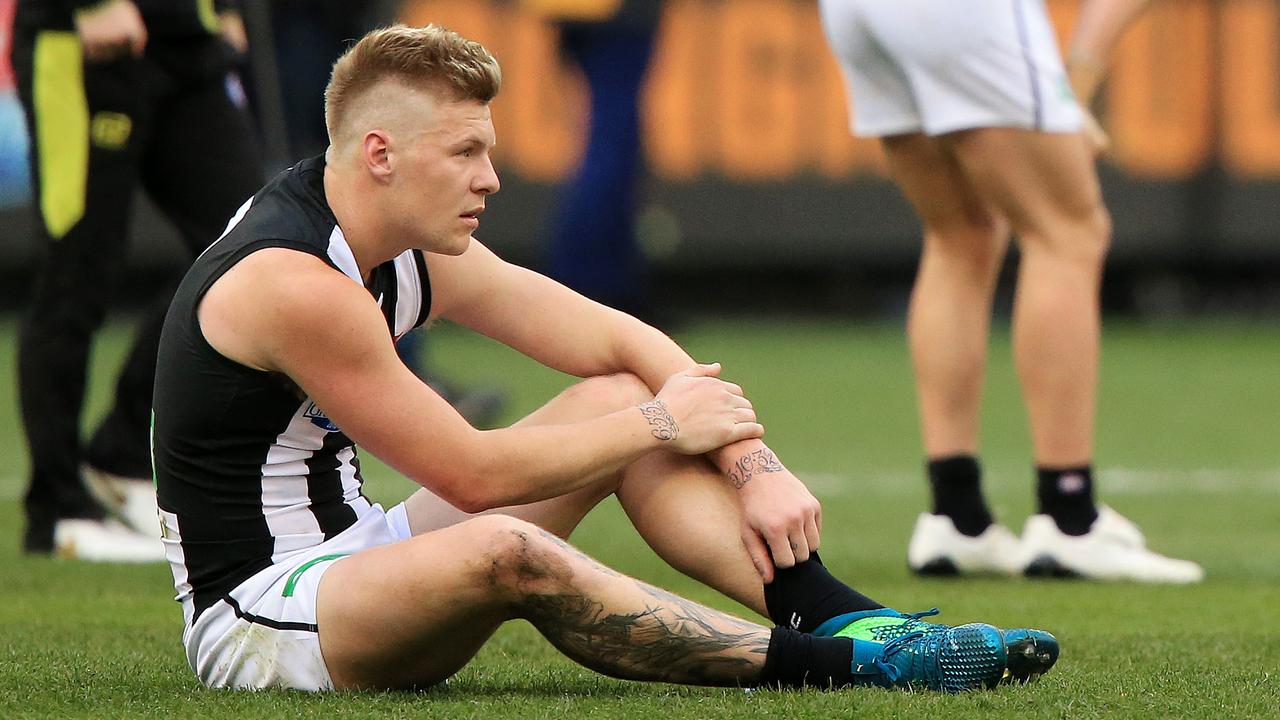 A dejected Jordan De Goey after the 2018 grand final. Picture: Mark Stewart