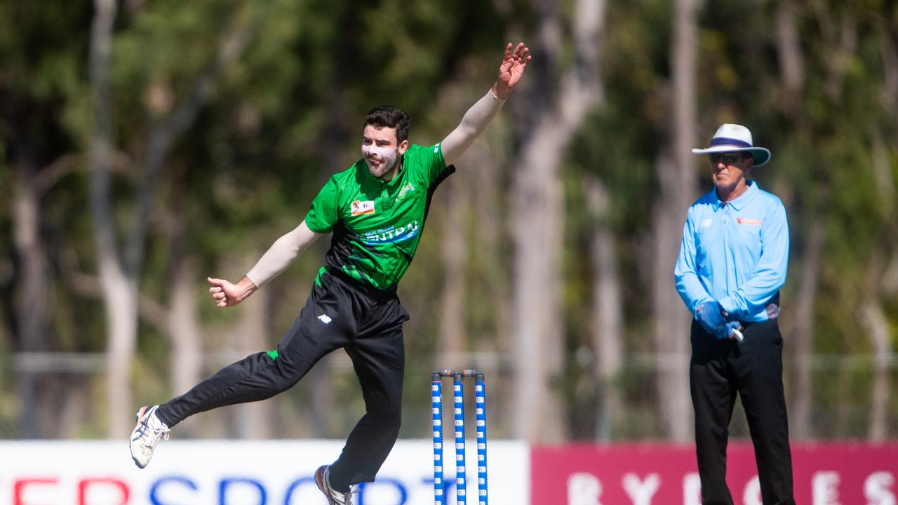 Cricket 365 launched on Sunday with two matches across Darwin and Palmerston. Ryan McElduff with his unique bowling action. Picture: Che Chorley