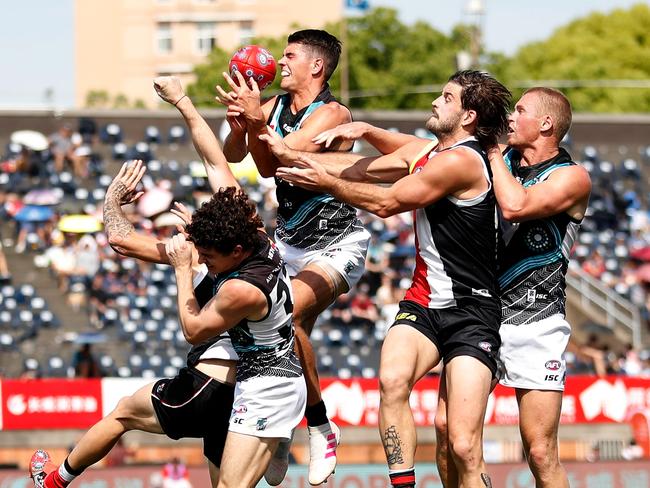 SHANGHAI, CHINA - JUNE 02: Ryan Burton of the Power and Josh Bruce of the Saints compete for the ball during the 2019 AFL round 11 match between the St Kilda Saints and the Port Adelaide Power at Jiangwan Stadium on June 02, 2019 in Shanghai, China. (Photo by Michael Willson/AFL Photos)