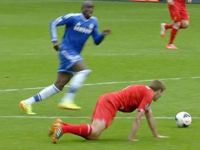 Demba Ba pounces on Streven Gerrard’s slip.