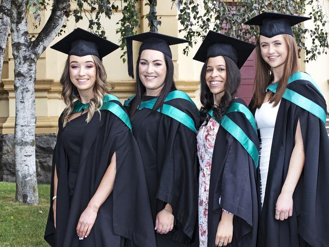 Jorja Howell, Rachel Killworth, Meg Lockley and Shenae McCarthy at the UTAS Graduation at Launceston. PICTURE CHRIS KIDD